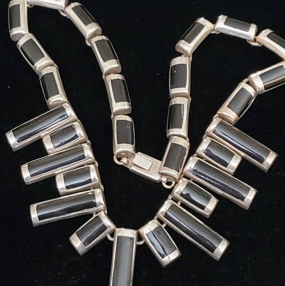 Vintage Jewelry - Heavy Vintage Mexico Sterling black onyx inlay Necklace